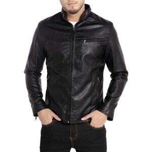 Men's Black Faux Leather Stand Collar Zipper Slim Fit Classic Biker Jacket